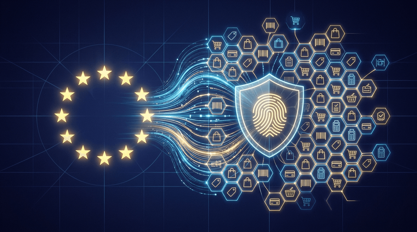 EU flag stars flowing through a transparency shield into a network of retail AI agent hexagons - representing Article 50 of the EU AI Act and its impact on agentic commerce.